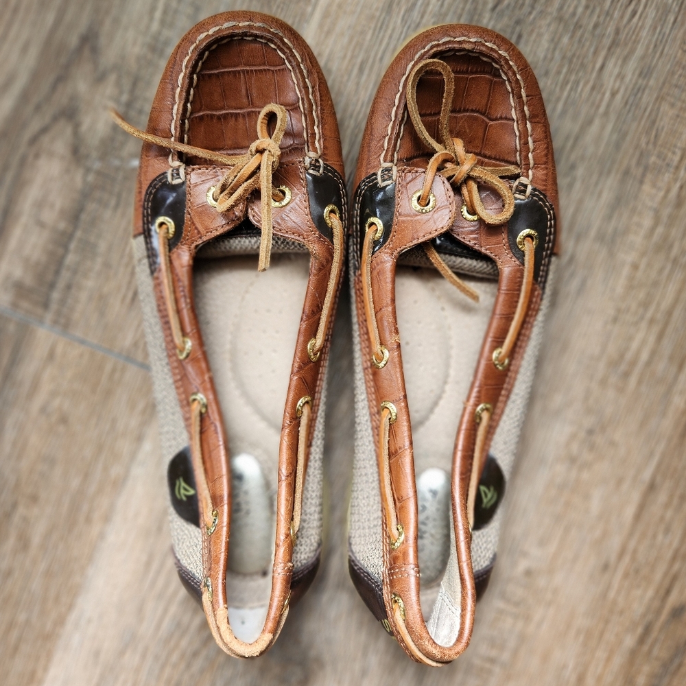 ⚓Sperry⚓Top-Sider Angelfish Brown Croc & Beige Canvas Boat Shoes Loafers W8